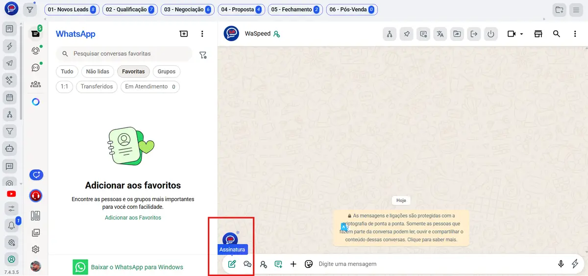 Interface do WaSpeed integrada ao WhatsApp Web mostrando abas de funis de vendas e opções de mensagens com destaque para ícone de assinatura digital.