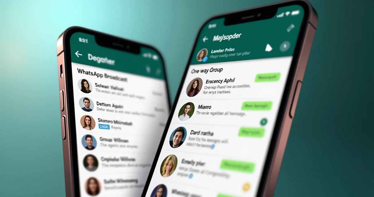 Tela dividida mostrando comparação entre lista de transmissão e grupo no WhatsApp, com ícones representando mensagens unilaterais e conversas em grupo 