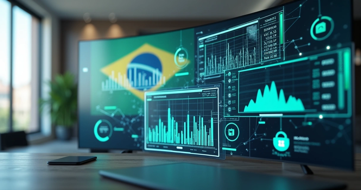 Interfaces digitais exibindo gráficos, dados e conexões que representam o sistema de Open Finance no Brasil 