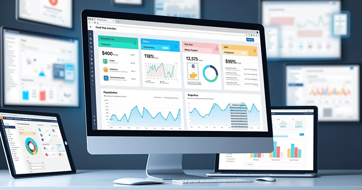 Interfaces exibindo painel de gestão com IA e vários sites 