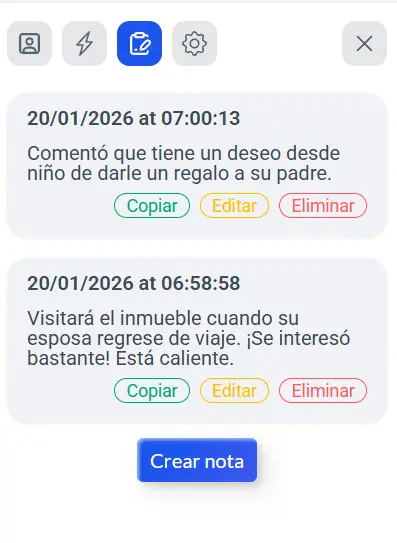 Interfaz de notas en una aplicación con dos mensajes escritos y botones para copiar, editar y eliminar cada nota, botón azul para crear nota