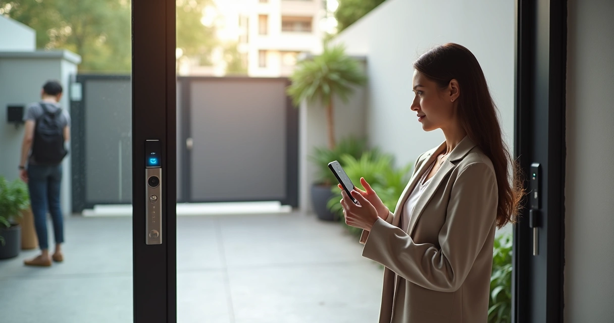 Portaria de condomínio com moradora atendendo interfone celular pelo smartphone 