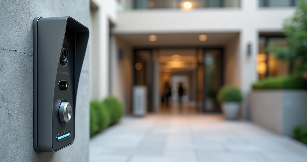 Interfone com câmera instalado na entrada de condomínio moderno 