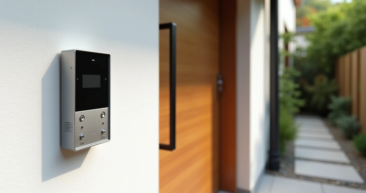 Interfone instalado em parede ao lado de porta de entrada residencial 