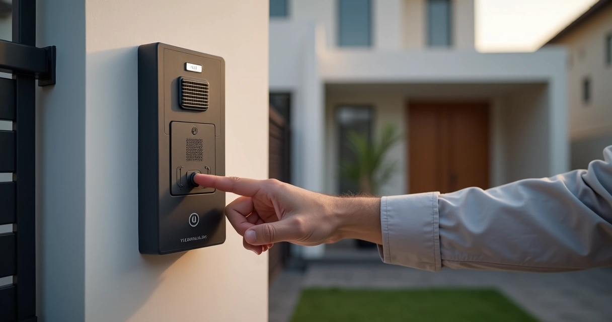 Interfone Intelbras instalado em pilastra de portão em frente a casa moderna 
