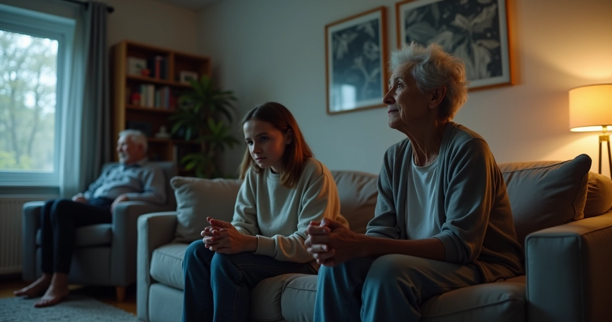 Three generations of a family sitting together with tense expressions in a dim living room 
