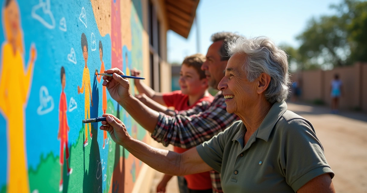 Elders and children working together on community mural.