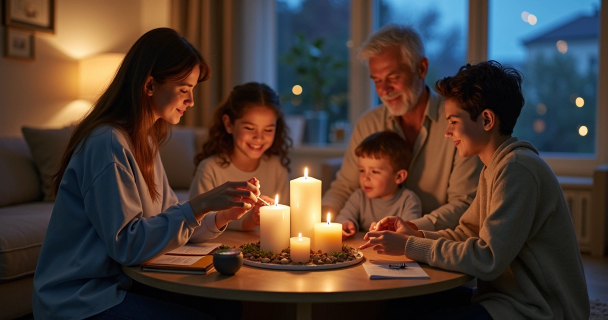 Three generations of a family sitting in a living room circle sharing a candle ritual 