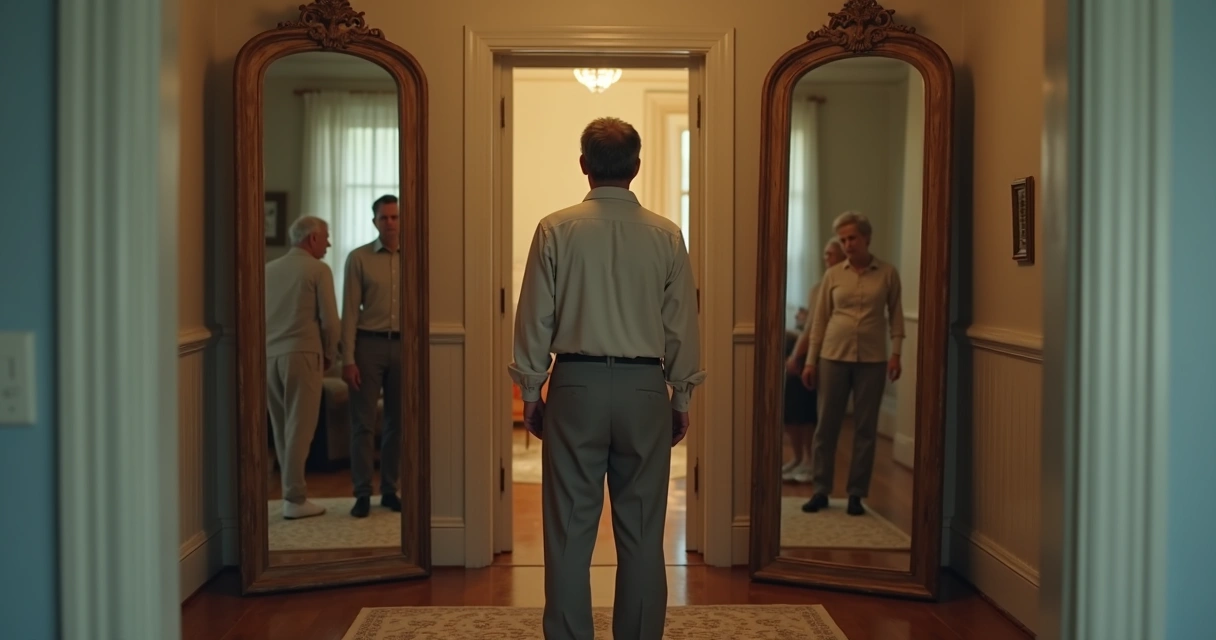 Adult looking into three mirrors showing different generations behind 