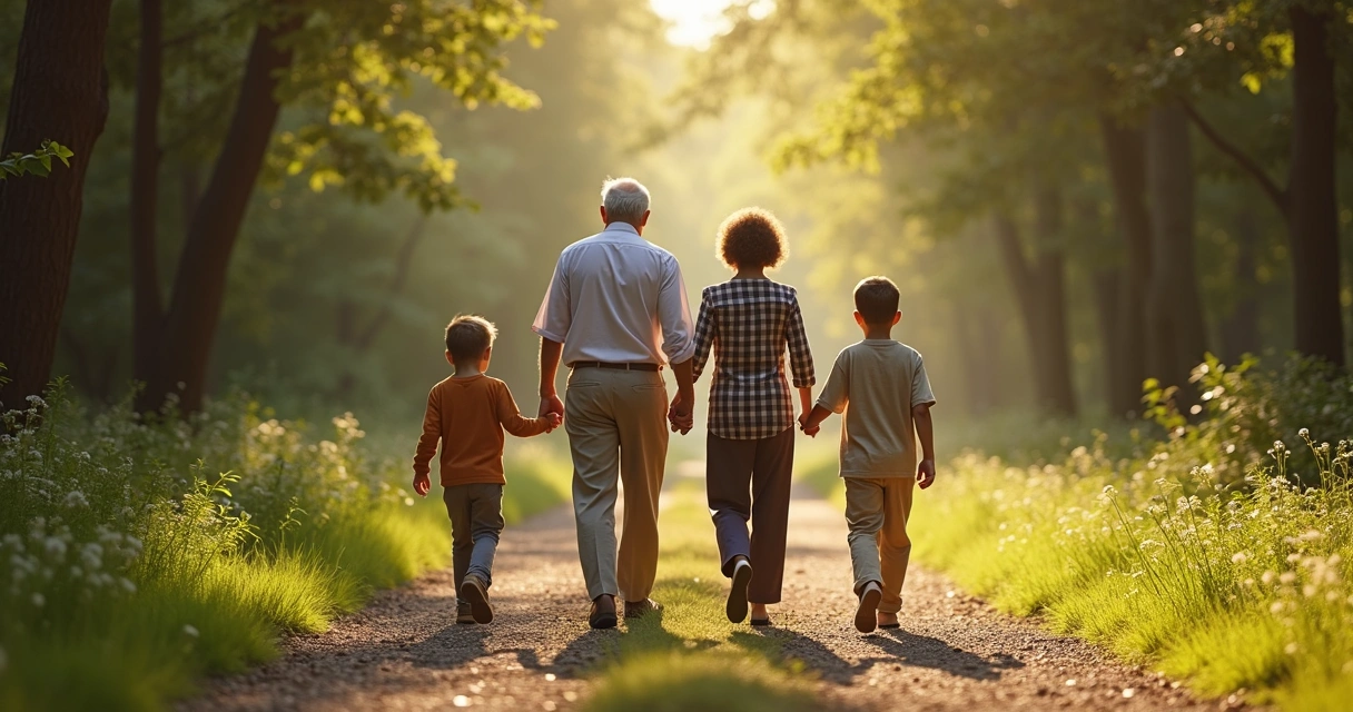Generations of a family walking together along a path