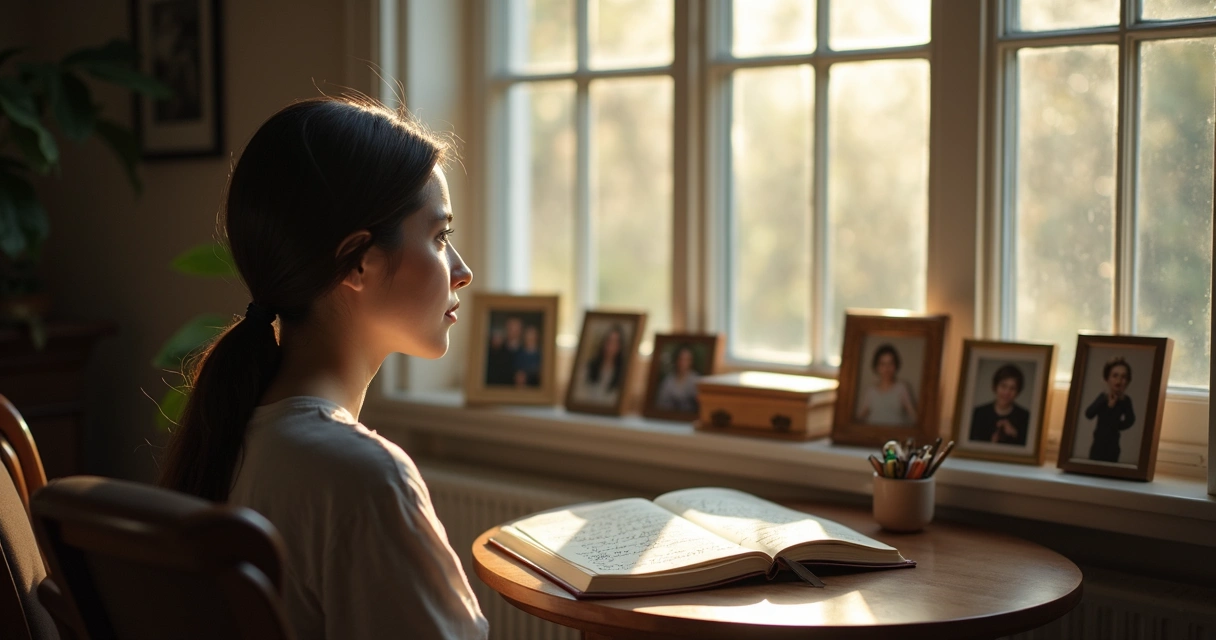 Person reflecting by a window with family photos on a table 