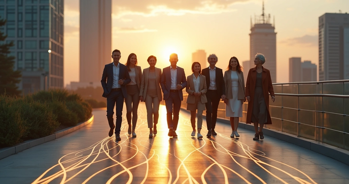 Intergenerational team walking together on a luminous path through a modern cityscape 