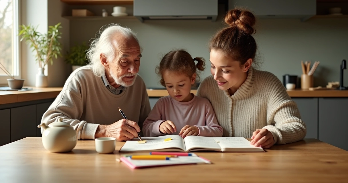 Three generations sharing a quiet reading moment at a kitchen table 