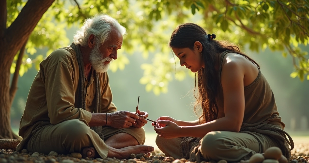Elder showing a skill to a younger person outside under trees 