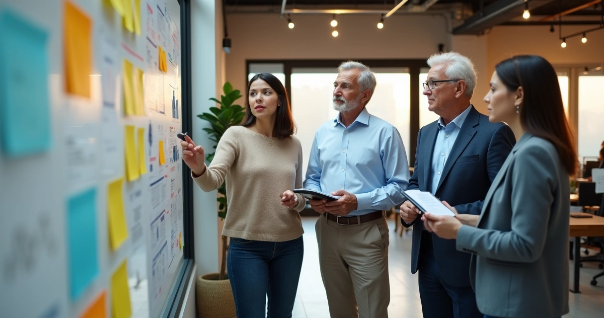 Colleagues of different ages collaborating at a colorful idea wall in an office 