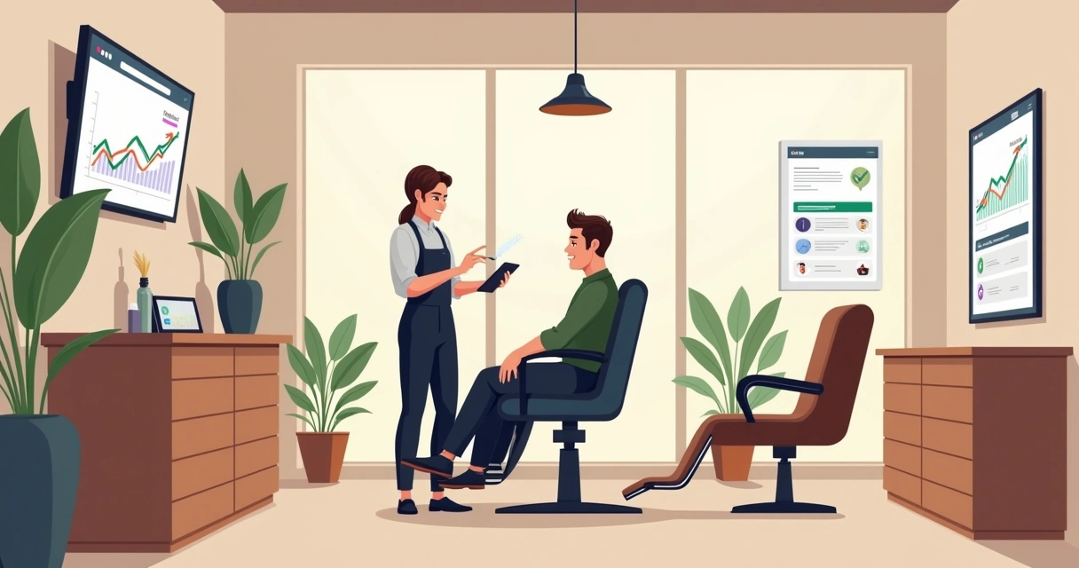 Interior of a modern barbershop with a barber using a tablet for online scheduling, financial data on screen.