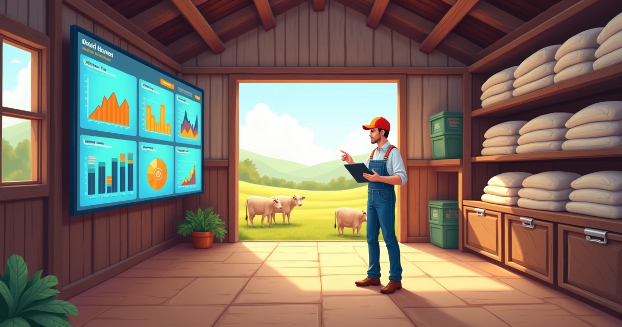 Interior of a modern barn with a digital dashboard displaying farm data and a farmer analyzing it.