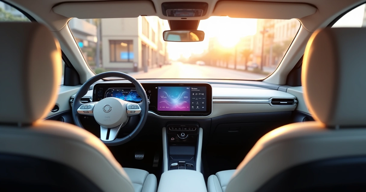 Painel interior moderno do BYD Dolphin Mini com central multimídia. 