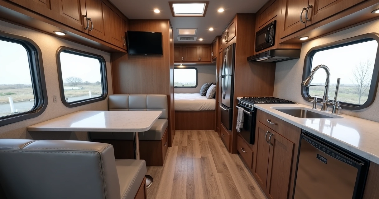 Detalhe interno da cabine luxuosa do Volvo VNL com madeira, cozinha e cama de casal 