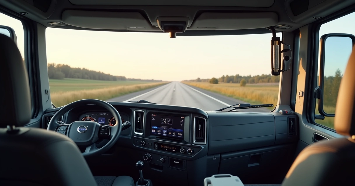 Interior da cabine de um caminhão Volvo FM 