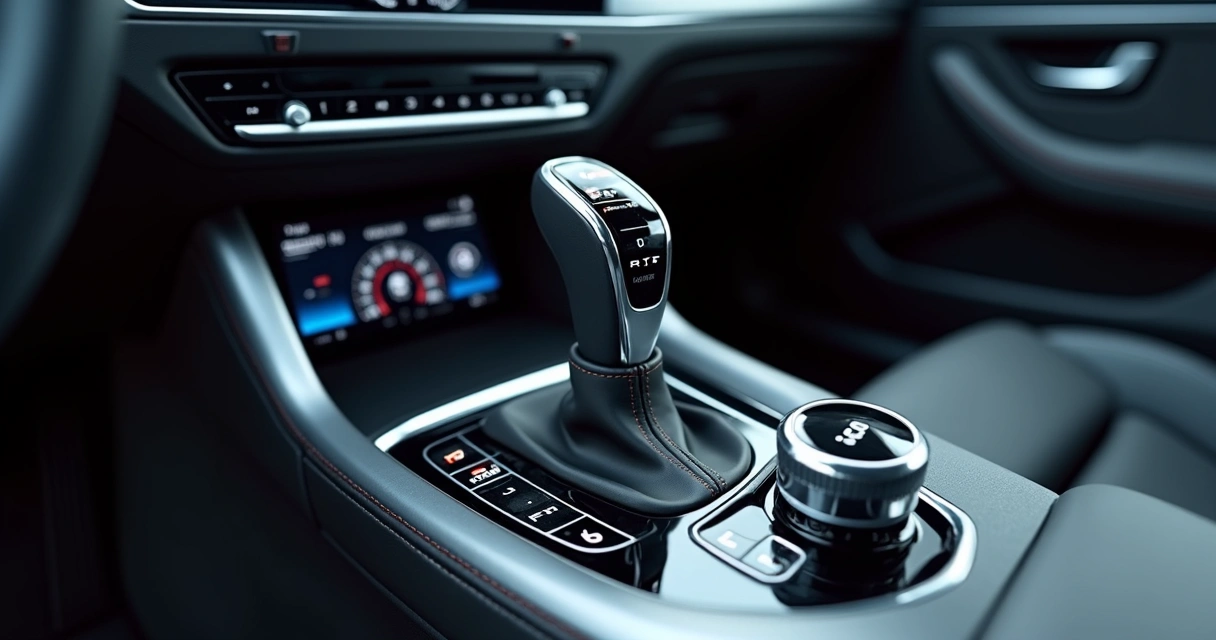 Console interno de carro moderno com alavanca de câmbio automático destacando posições P R N D 