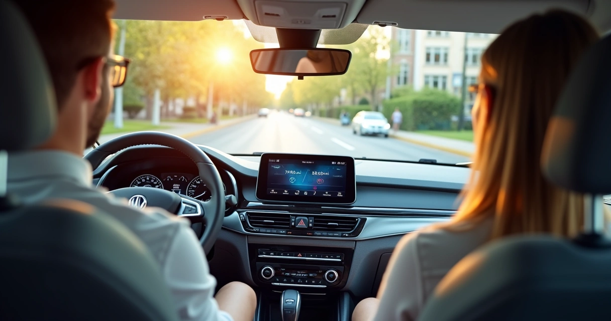 Condutor e passageira em carro com ar condicionado ligado e painel digital mostrando fluxo de ar frio 