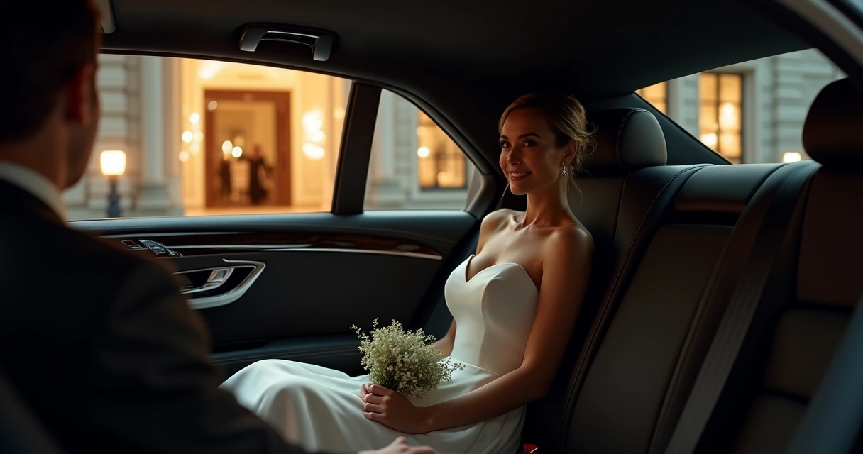 Interior discreto de carro executivo com noiva segurando buquê em trajeto para casamento 