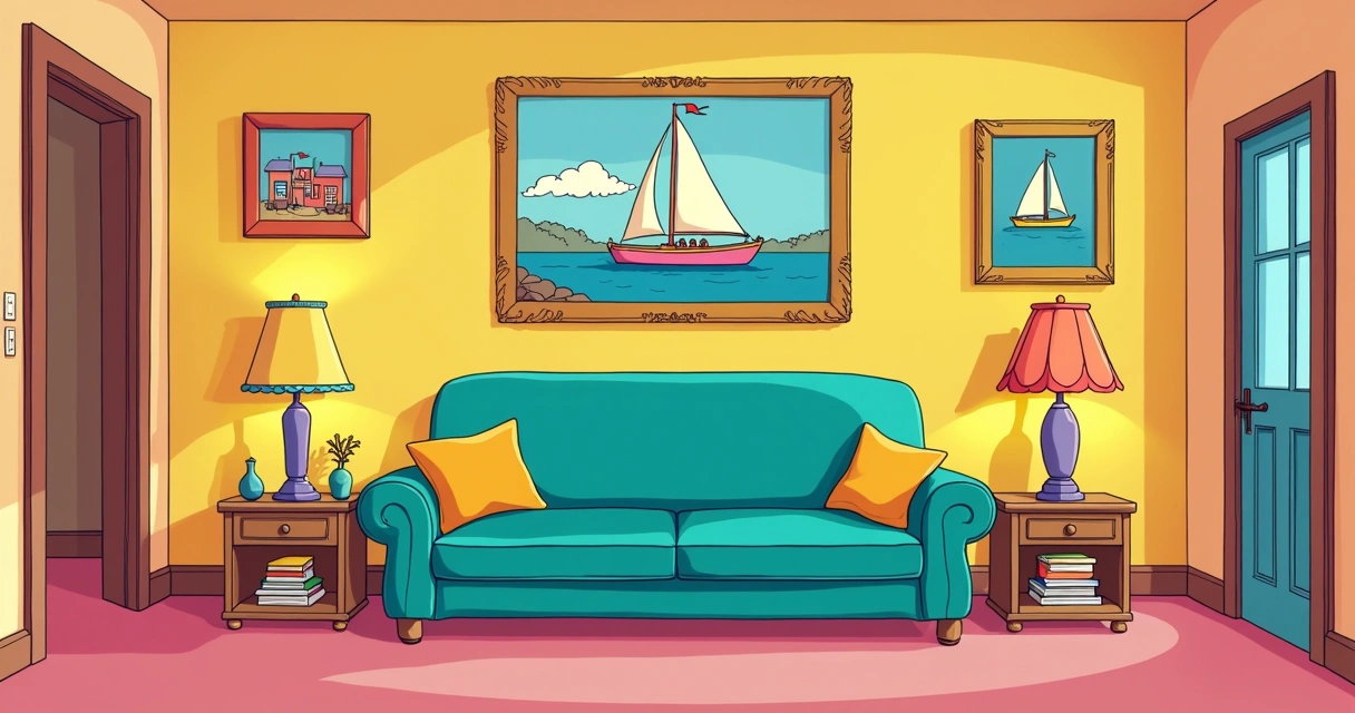 Typically decorated room inspired by The Simpsons, with colorful furniture and animated pictures
