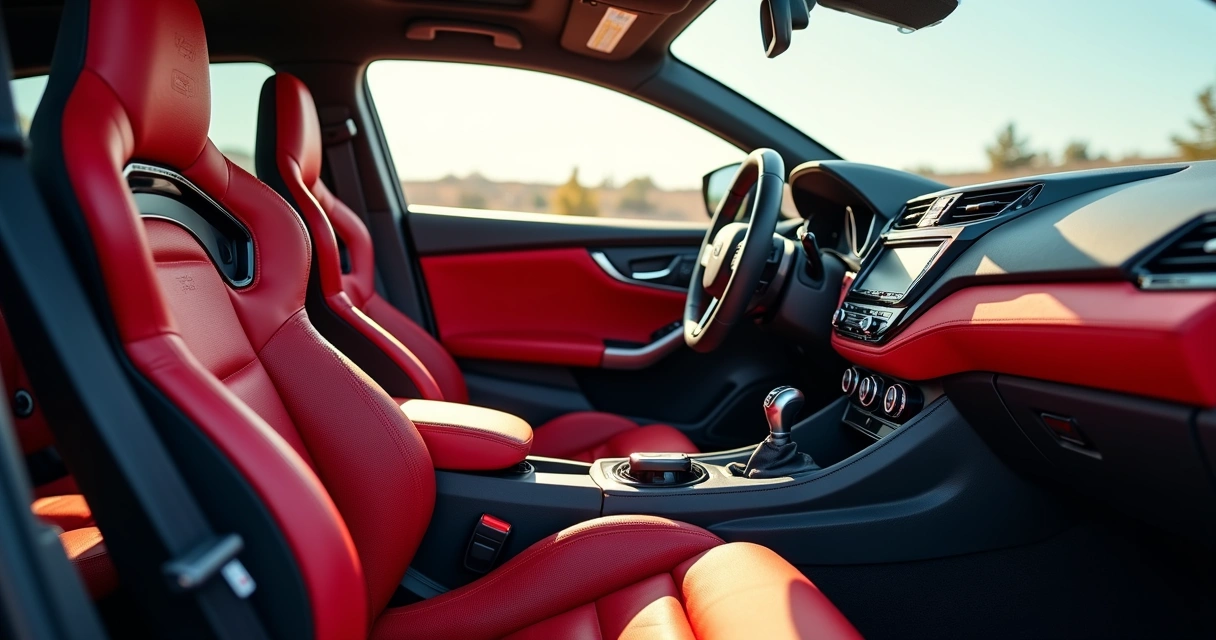 Interior de carro personalizado com volante esportivo e capa de banco em tecido vermelho e preto 