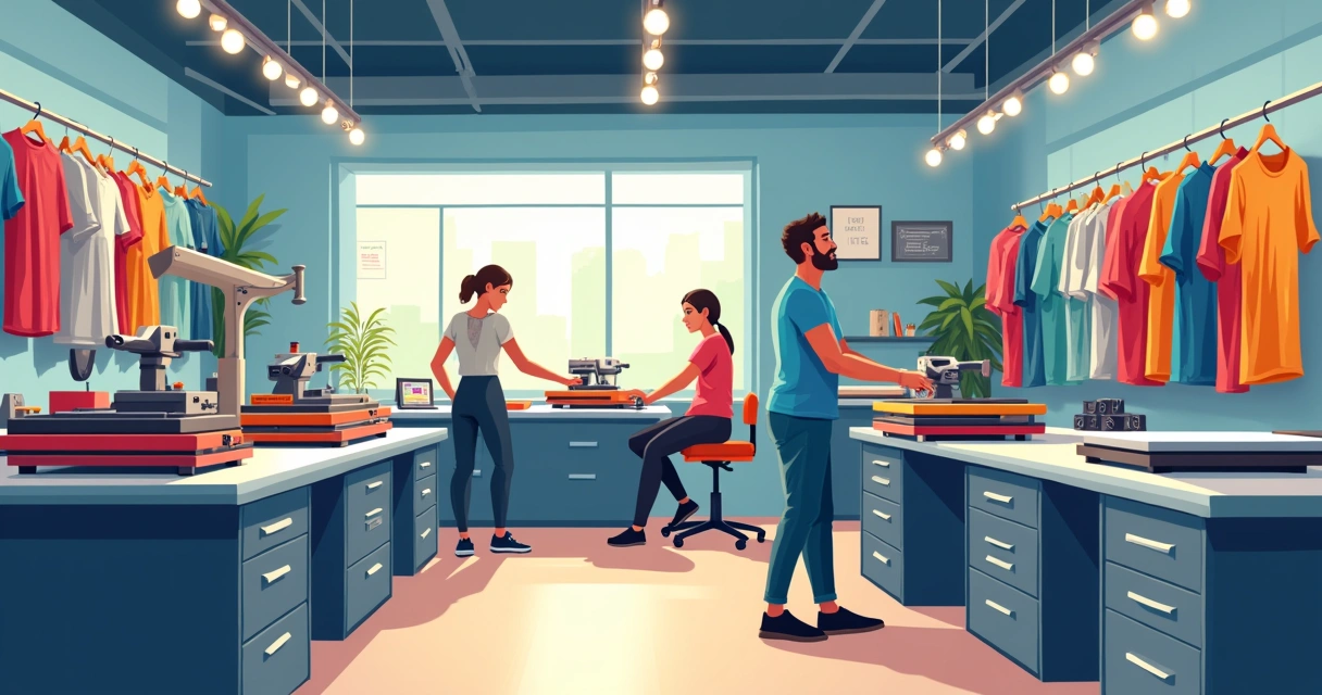 Interior de estamparia com camisetas e maquinário na Rua Bresser 