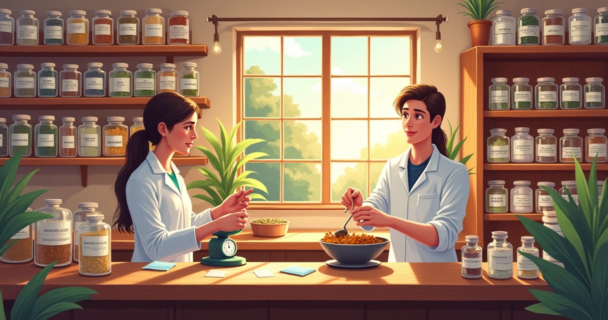 Interior of a cozy apothecary with colorful jars, pharmacist mixing ingredients, personalized medication bottles.