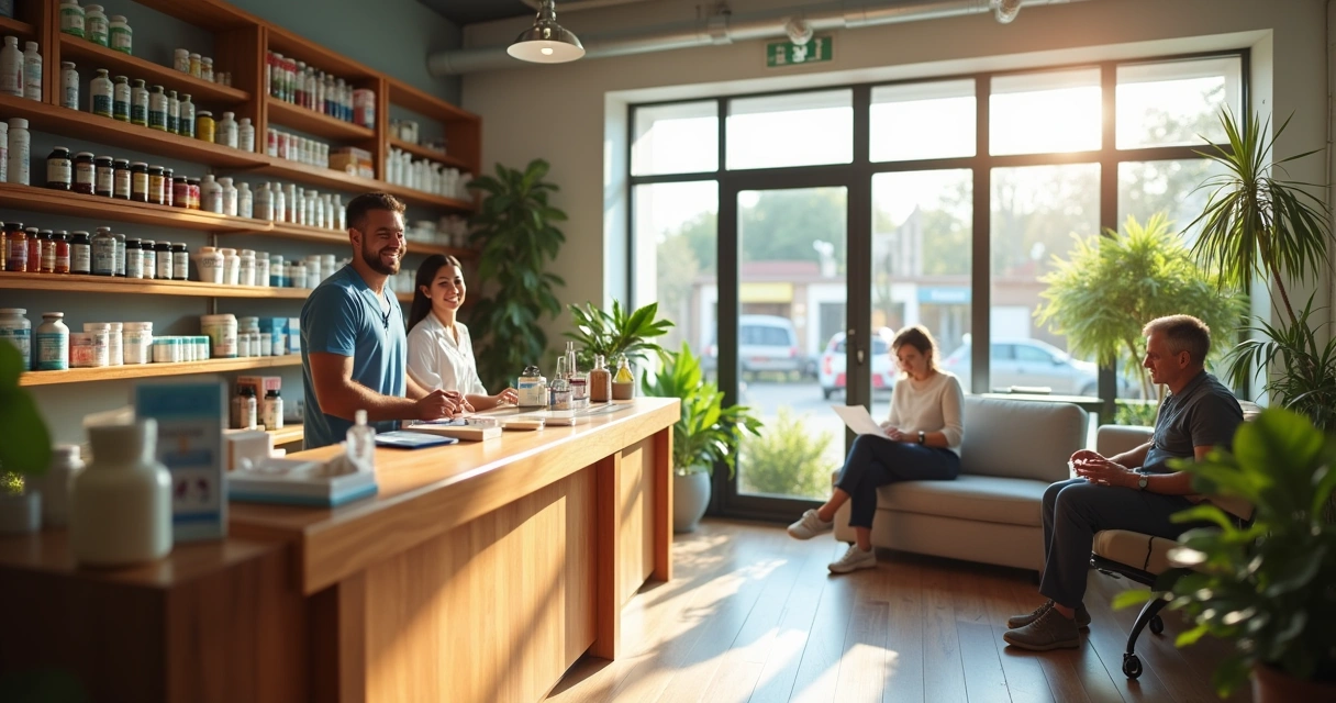 Interior of a bright pharmacy with a pharmacist assisting a customer and colorful medicine shelves.