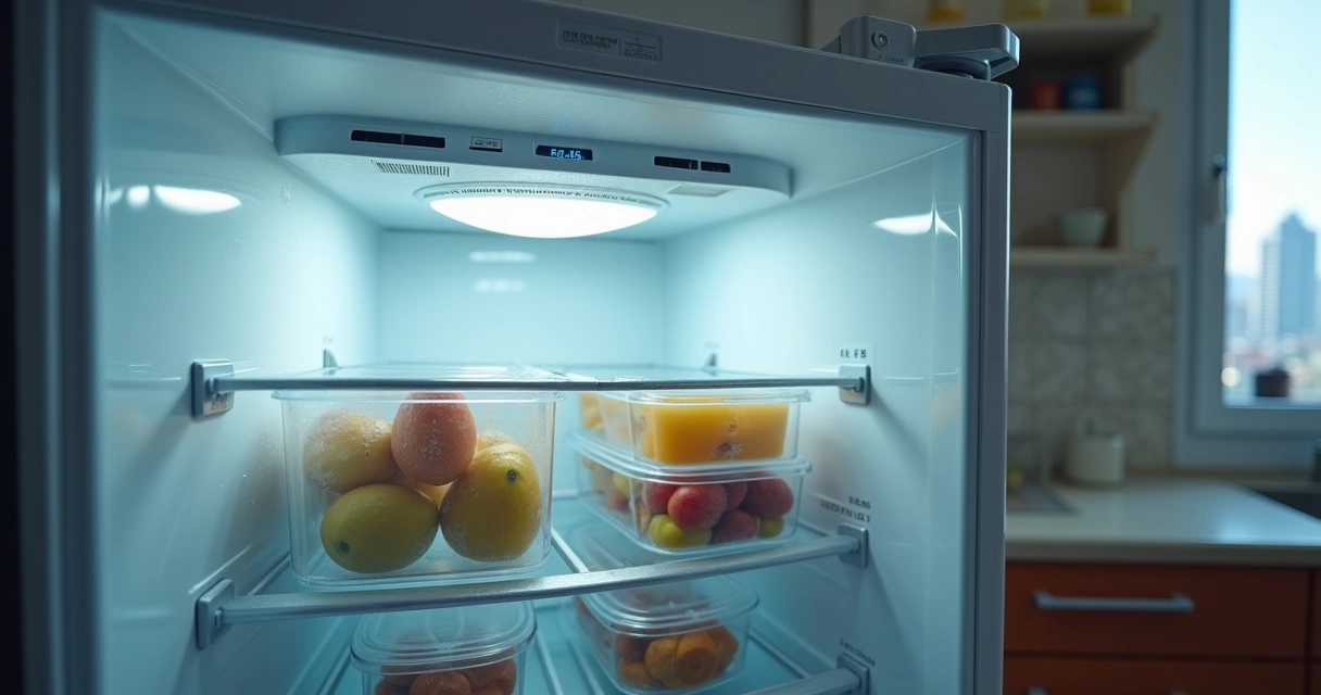 Interior de geladeira frost free mostrando formação de gelo e alimentos organizados 