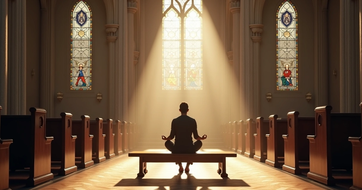 Pessoa meditando em silêncio dentro de uma igreja vazia