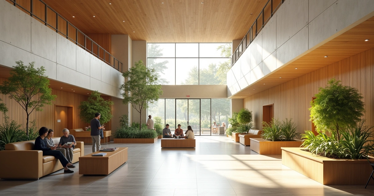 Interior com luz natural, circulação ampla e área de convivência