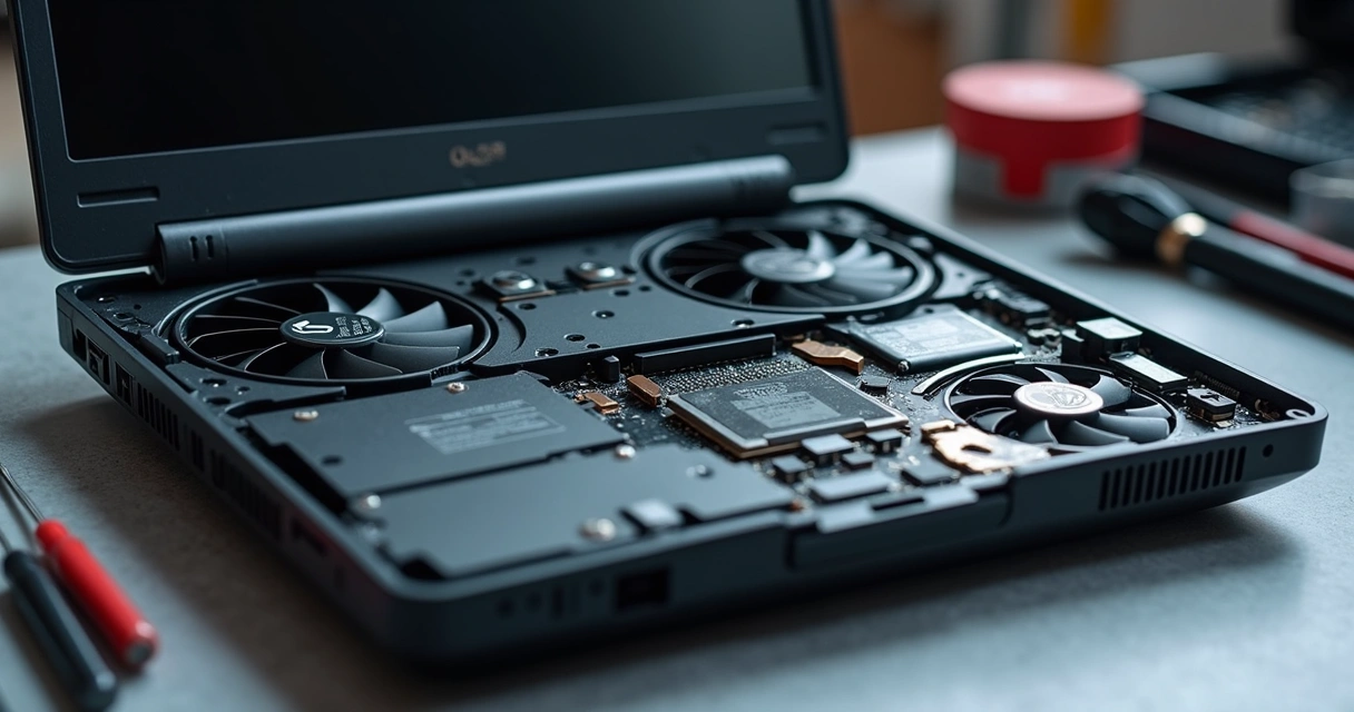 Interior de notebook gamer aberto com ventoinhas e SSD