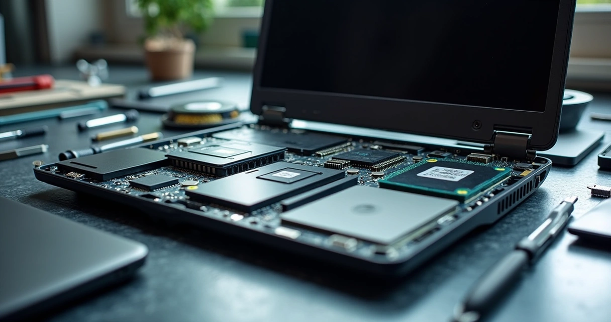 Interior de notebook com SSD e memória RAM instalados