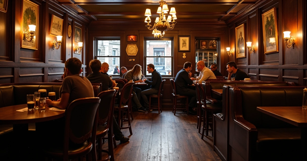 Interior histórico de pub irlandês com pessoas conversando