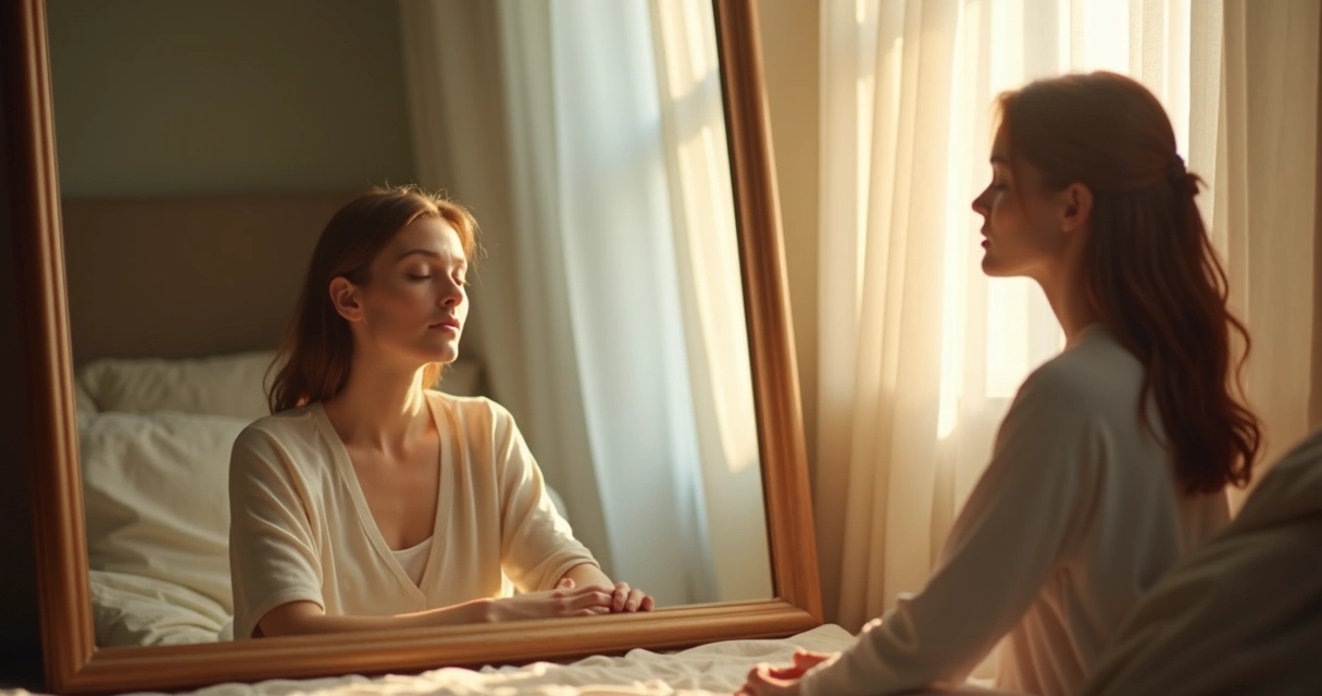Woman reflected in a mirror, eyes closed, peaceful, soft morning light 