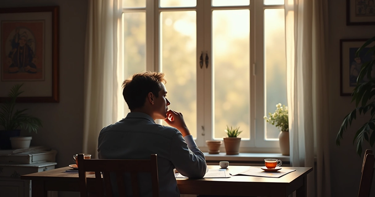 Persona sentada mirando por la ventana, reflexionando en silencio 