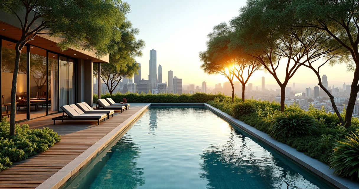 Rooftop sofisticado de spa com piscina integrada à arquitetura 