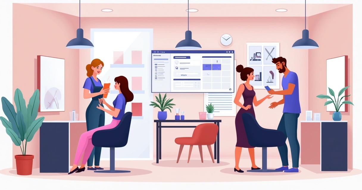 Interior de um salão de beleza moderno com equipe demonstrando software de agendamento a um cliente.