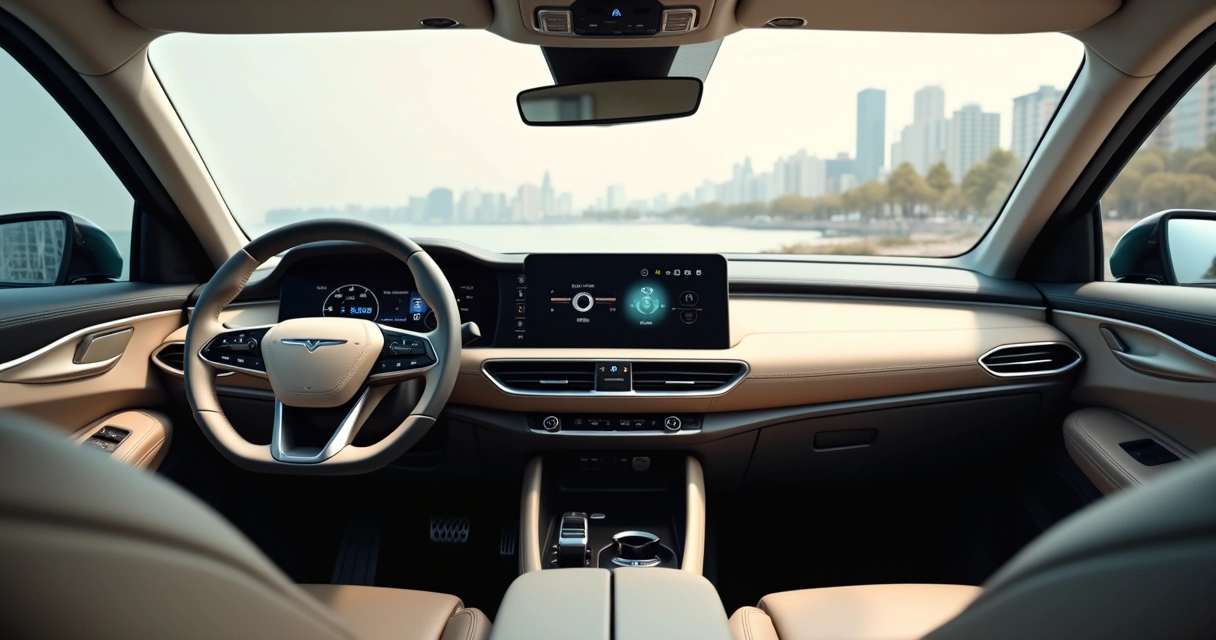 Painel moderno de SUV elétrico Geely com tela central grande e detalhes de couro claro 