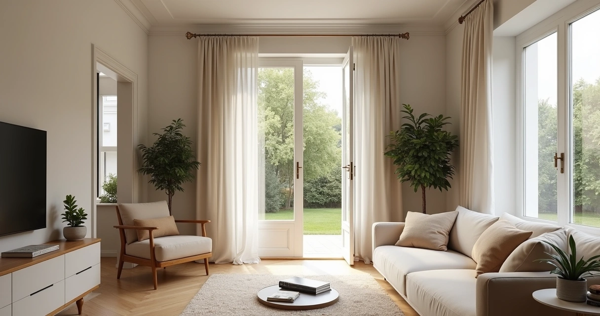 Sala de estar bem iluminada com decoração moderna e vista da porta aberta, pronta para visita de inquilinos 