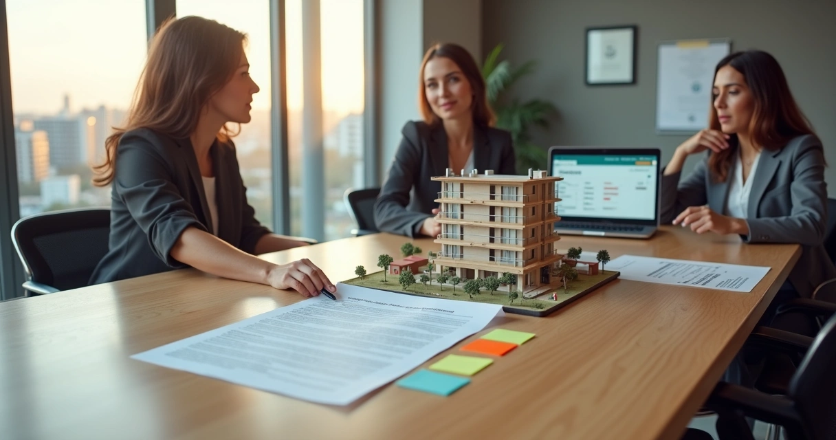 Reunião de imobiliária com contrato de intermediação destacando imóvel em maquete 