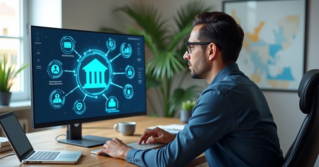 Empresário analisando painel digital com fluxo de pagamentos online 