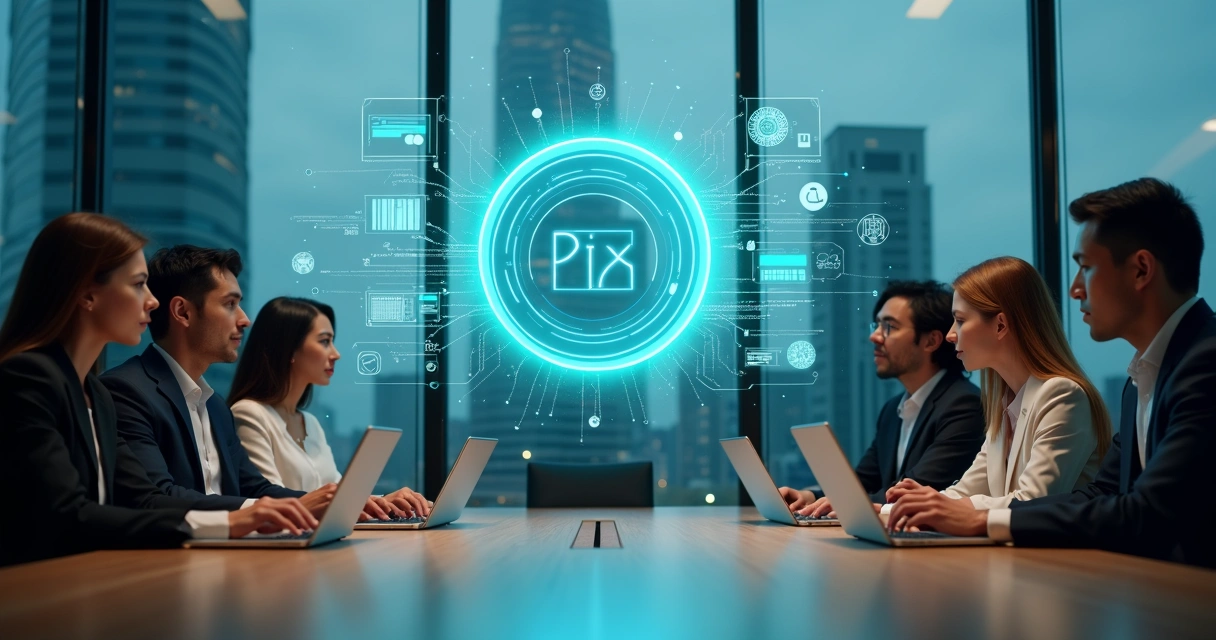 Executivos analisando painel digital de pagamentos online 