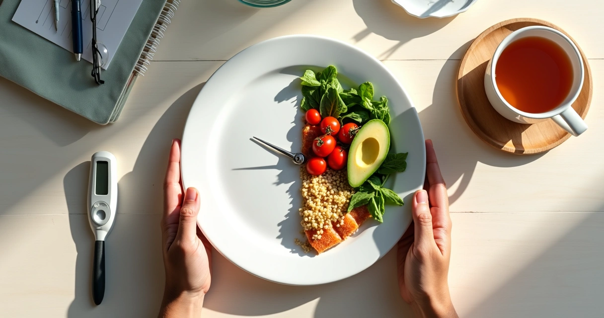 Middle-aged person dividing plate with clock to plan intermittent fasting for diabetes 