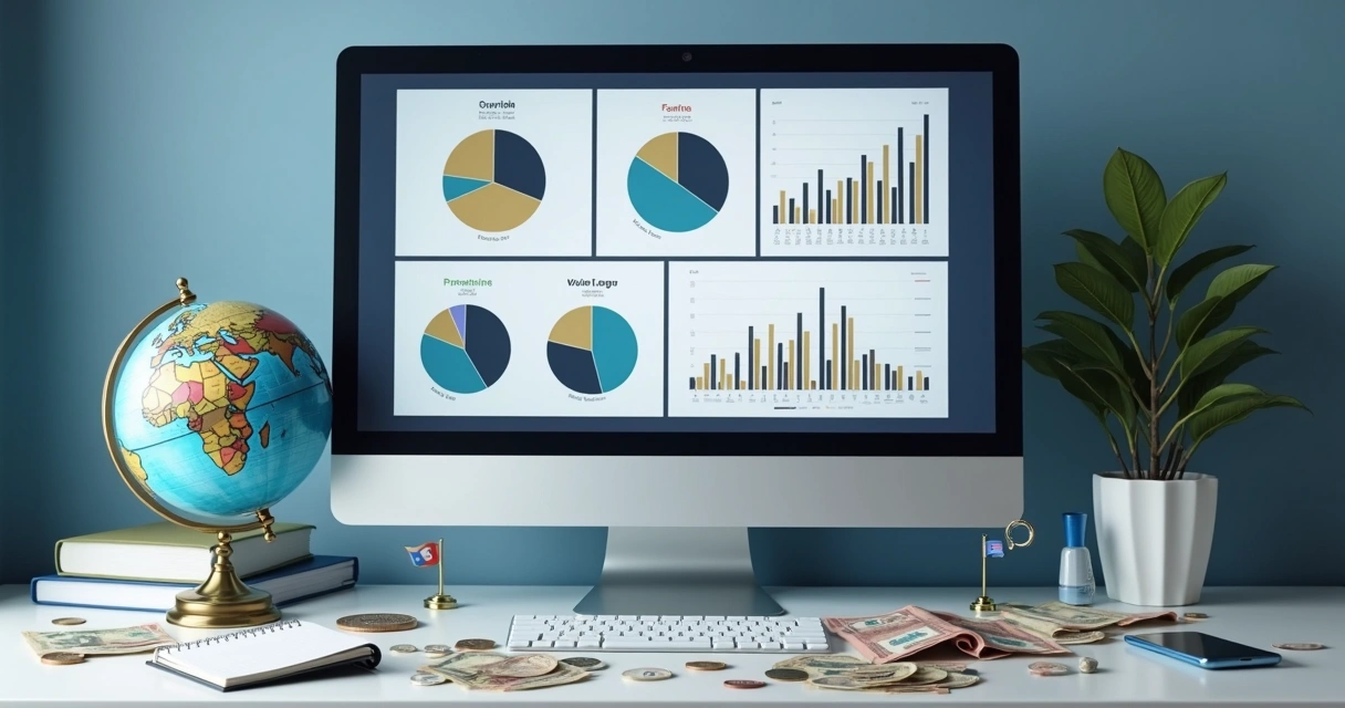 Portfólio de investimentos globais com gráficos e moedas estrangeiras 