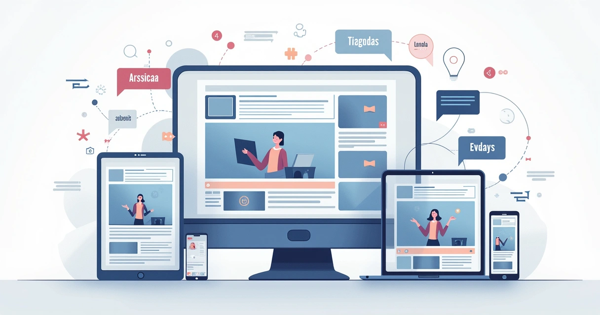 Telas de computador mostrando conteúdo digital em vários idiomas e ícones de automação 